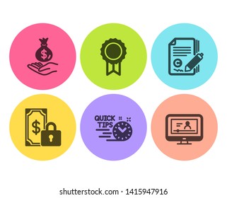 Reward, Quick Tips And Private Payment Icons Simple Set. Copywriting, Income Money And Online Video Signs. Best Medal, Helpful Tricks. Education Set. Flat Reward Icon. Circle Button. Vector