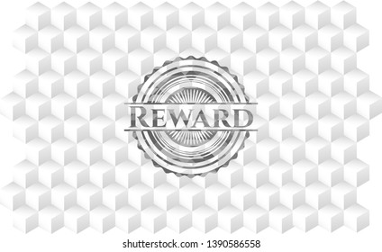 Reward realistic grey emblem with geometric cube white background