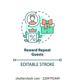 Reward Repeat Guests Concept Icon. Elevating Guest Satisfaction Abstract Idea Thin Line Illustration. Increase Loyalty. Isolated Outline Drawing. Editable Stroke. Arial, Myriad Pro-Bold Fonts Used