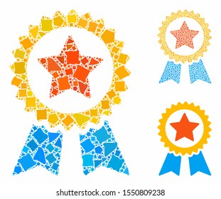 Reward seal composition of irregular pieces in different sizes and color hues, based on reward seal icon. Vector irregular parts are organized into composition.