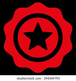 Reward seal icon from Competition & Success Bicolor Icon Set. Vector style: flat symbols, red color, rounded angles, black background.