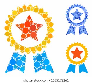 Reward seal mosaic of circle elements in variable sizes and color tints, based on reward seal icon. Vector circle elements are combined into blue mosaic.