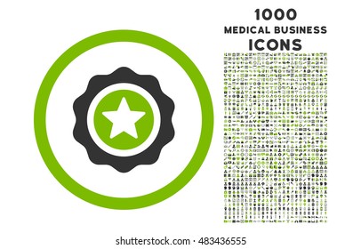 Reward Seal rounded vector bicolor icon with 1000 medical business icons. Set style is flat pictograms, eco green and gray colors, white background.