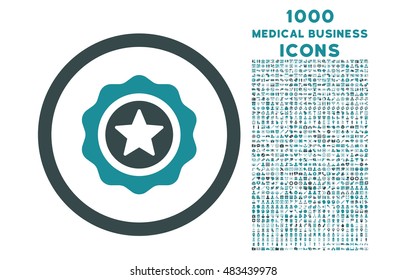 Reward Seal rounded vector bicolor icon with 1000 medical business icons. Set style is flat pictograms, soft blue colors, white background.