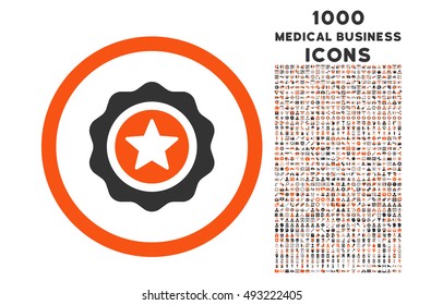 Reward Seal rounded vector bicolor icon with 1000 medical business icons. Set style is flat pictograms, orange and gray colors, white background.