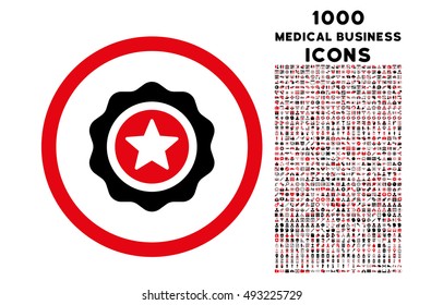 Reward Seal rounded vector bicolor icon with 1000 medical business icons. Set style is flat pictograms, intensive red and black colors, white background.