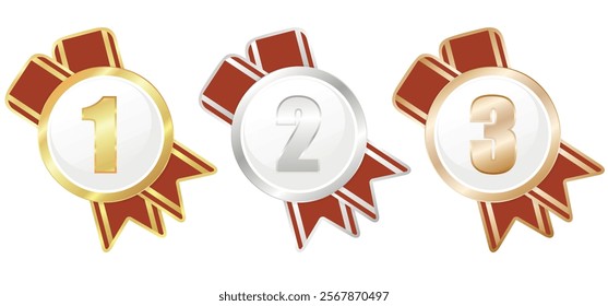 Reward Set, Badge 1, 2, 3, Emblem Collection, Golden, Silver, Bronze Medal, Red Ribbon, Success, Vector