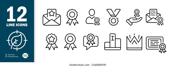 Reward set icon. Emblem, distinction, medal, diploma, letter, gift, victory, achievement, crown, certificate, pedestal, first place. Progress concept. Vector line icon for Business and Advertising