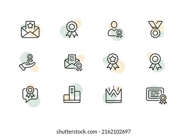 Reward set icon. Envelope, letter, star, certificate, person, employee, winner, hand, goal, achievement, first place. Business concept. Vector line icon for Business and Advertising.