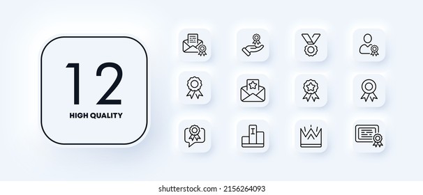 Reward set icon. Merit, achievement, diploma, record, certificate, victory, distinction. Success concept. Neomorphism style. Vector line icon for Business and Advertising