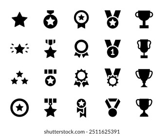 Iconos de conjunto de recompensas. Medalla, copa, estrellas, trofeo, iconos de cintas. Estilo de silueta. Colección de iconos ganadores. Colección de símbolos de premio. Iconos monocromáticos de Vector