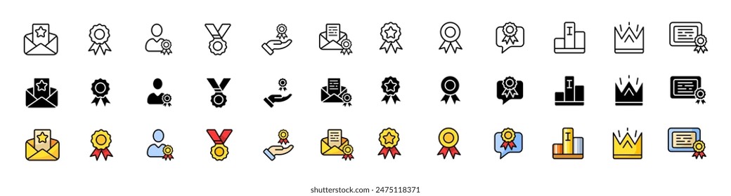 Reward set icons. Medal icons. Linear, silhouette and flat styles. Vector icons.