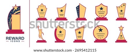 Reward set of web icons. A collection of colorful icons representing various reward concepts, including gift, trophy, recognition, reward program, medal, bonus, and more. Vector Illustration