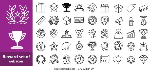 Belohnen Sie eine Reihe von Web-Symbolen im Linienstil. Eine Sammlung linearer Symbole, die verschiedene Belohnungskonzepte darstellen, darunter Geschenk, Trophäe, Anerkennung, Belohnungsprogramm, Medaille, Bonus und mehr. Bearbeitbarer Strich.