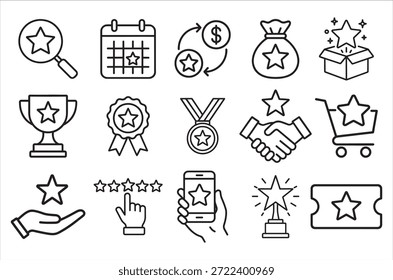 Premiar conjunto de ícones da Web em estilo de linha. Uma coleção de ícones lineares que representam vários conceitos de recompensa, incluindo presente, troféu, reconhecimento, programa de recompensa, medalha, bônus, Silhouett, golpe editável.