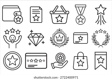 Premiar conjunto de ícones da Web em estilo de linha. Uma coleção de ícones lineares que representam vários conceitos de recompensa, incluindo presente, troféu, reconhecimento, programa de recompensa, medalha, bônus, Silhouett, golpe editável.