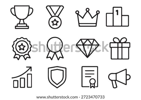 Reward set of web icons in line style. A collection of linear icons representing various reward concepts, including gift, trophy, recognition, reward program, medal, bonus, and more. Editable stroke