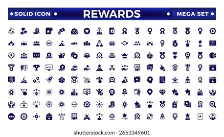 Conjunto de iconos sólidos de recompensa. Icono de éxito, contiene iconos, premio, trofeo, ganador, regalo, ilustración de tarjeta de bonificación. Conjunto de iconos de medalla de ganador, copa y premio de corona de Laurel. Línea de premio, Premio, Certificado.
