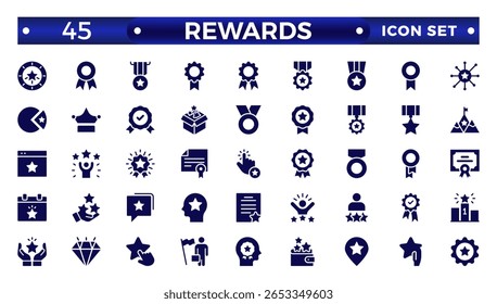 Reward solid icon set. Success icon, Contains icons prize, trophy, winner, gift, bonus card illustration. Set of Winner medal, cup and Laurel wreath award icons. Award line Reward, Certificate.
