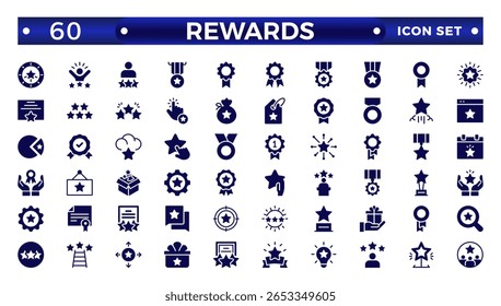 Reward solid icon set. Success icon, Contains icons prize, trophy, winner, gift, bonus card illustration. Set of Winner medal, cup and Laurel wreath award icons. Award line Reward, Certificate.

