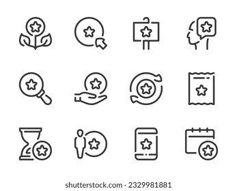 Reward star and Bonus points vector line icons. Special offer and Loyalty program outline icon set. Membership system, Collect coins, Benefit, Gift bonus offer and more.