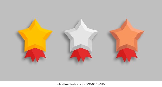 Reward star medal, golden, silver and bronze rank achivement. Award emblem, 3d star shape vector.