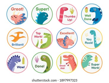 Reward Stickers Collection With Cute Dinosaurs. Teachers Award Badges With Funny Dinos. Labels For Chore Chart And Planner. Vector Illustration