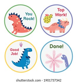 Reward Stickers Collection With Cute Dinosaurs. Teachers Award Badges With Funny Dinos. Labels For Chore Chart And Planner. Vector Illustration