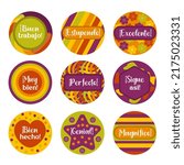 Reward Stickers for Kids, Printable Teacher Stickers in Spanish. Translation: Good work; Great; Excellent; Very good; Perfect; Keep it up; Well done; Cool; Magnificent