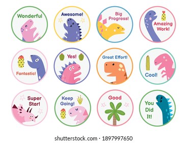 Reward Stickers Set With Cute Dinosaurs. Teachers Award Badges With Funny Dinos. Labels For Chore Chart And Planner. Vector Illustration