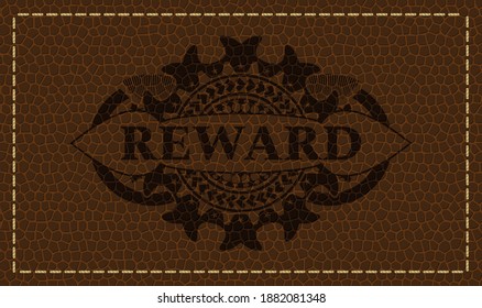 Reward text inside brown leather emblem. Wallet graceful background. Artistic illustration. 