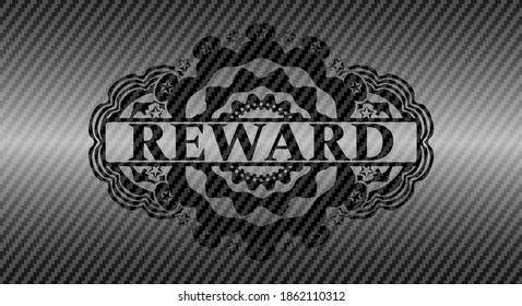 Reward text inside carbon fiber dark badge. Polymer texture graceful background. Illustration. 