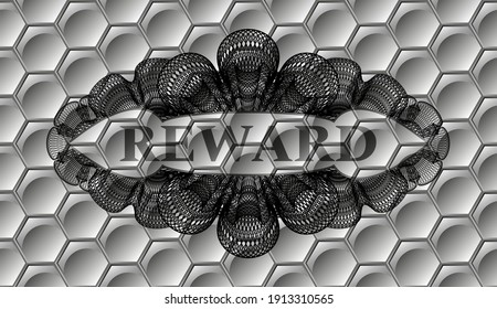 Reward text inside Linear grey color hexagon style pattern realistic emblem. Trendy delicate background. Vector illustration. 