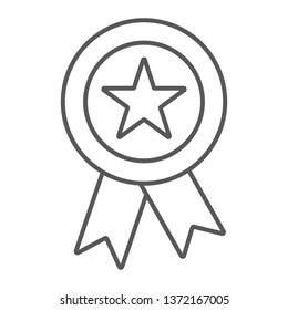 Reward thin line icon, badge and medal, award sign, vector graphics, a linear pattern on a white background, eps 10.