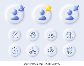 Reward, Timer and Fishfinder line icons. Placeholder with 3d cursor, bell, star. Pack of Honor, Maggots, E-bike icon. Cardio training, Winner cup pictogram. For web app, printing. Vector