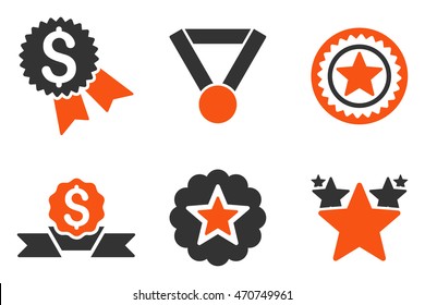 Reward vector icons. Pictogram style is bicolor orange and gray flat icons with rounded angles on a white background.