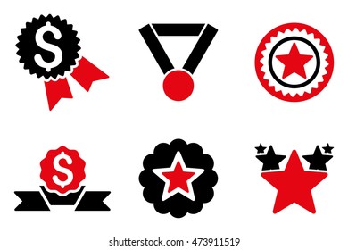 Reward vector icons. Pictogram style is bicolor intensive red and black flat icons with rounded angles on a white background.
