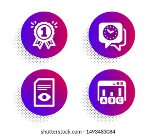 Reward, View document and Clock icons simple set. Halftone dots button. Survey results sign. First place, Open file, Time. Best answer. Education set. Classic flat reward icon. Vector