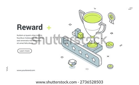 Reward web banner. Isometric template for a landing page on loyalty programs. Vector illustration with a winner's cup, medal, and stars. For concepts of achievement, success, and victory