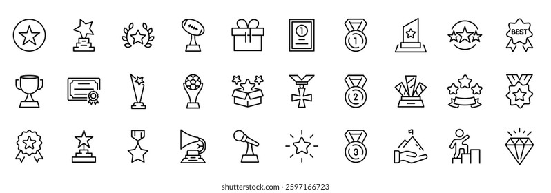 Reward web line icon set. Containing award, prize, medal, gift, trophy, badge, points, achievement, certificate and more. Vector icons collection. 