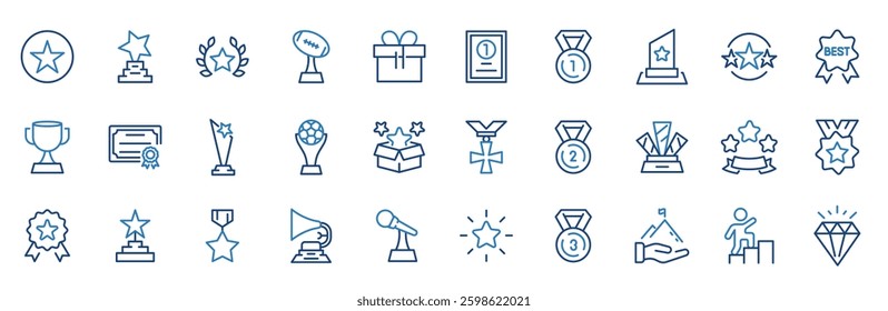 Reward web line icon set. Containing award, prize, medal, gift, trophy, badge, points, achievement, certificate and more. Vector icons collection. 