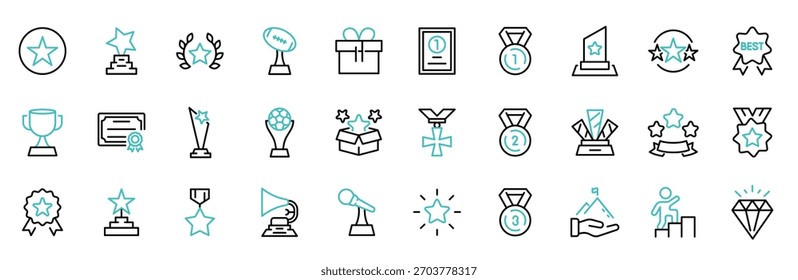 Conjunto de iconos de línea de Web de recompensa. Contiene premio, premio, medalla, regalo, trofeo, insignia, puntos, logros, certificado y más. Colección de iconos vectoriales. 