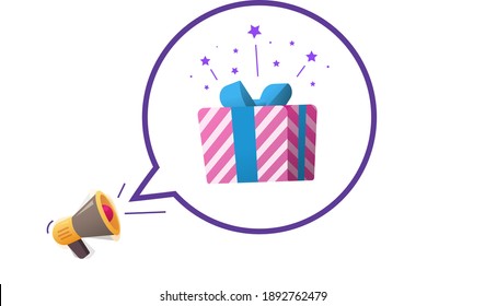 Ganancia de recompensa o anuncio de ganador de regalo icono vector ilustración de dibujos animados planos, idea de dar publicidad preset con caja de regalo feliz y confetti chispa de diseño moderno