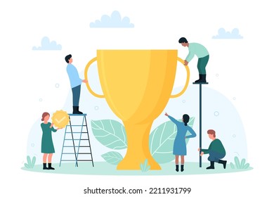 Reward of winner, gold cup trophy of tiny people. Cartoon team of employees celebrating corporate achievement, quality results or success in competition flat vector illustration. Victory concept