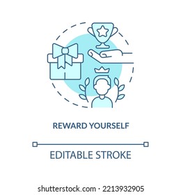 Reward yourself turquoise concept icon. Self esteem. Overcoming lack of confidence abstract idea thin line illustration. Isolated outline drawing. Editable stroke. Arial, Myriad Pro-Bold fonts used