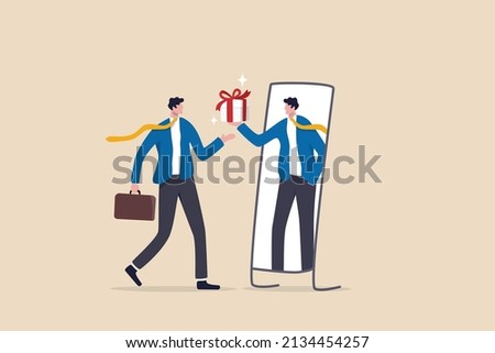 Reward yourself when success or achieve personal goal to increase motivation and inspiration, celebrate victory or winning concept, businessman get reward from himself in the mirror for self motivate.