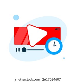 Rewarded video ads illustration, player frame with play button and timer icon. watch to unlock content or in app video advertisements. for freemium apps, mobile games, and digital monetization concept