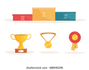 Rewarding. Vector illustration. Cartoon. Isolated. Cup, winner, medal, ribbon, award, pedestal