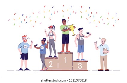 Rewarding winners of marathon flat vector illustration. Sport activity. Champions of endurance contest. Leaders of competition standing on podium isolated cartoon character on white background