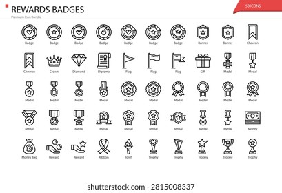 Rewards Badges Achievement Recognition Level Icon Set